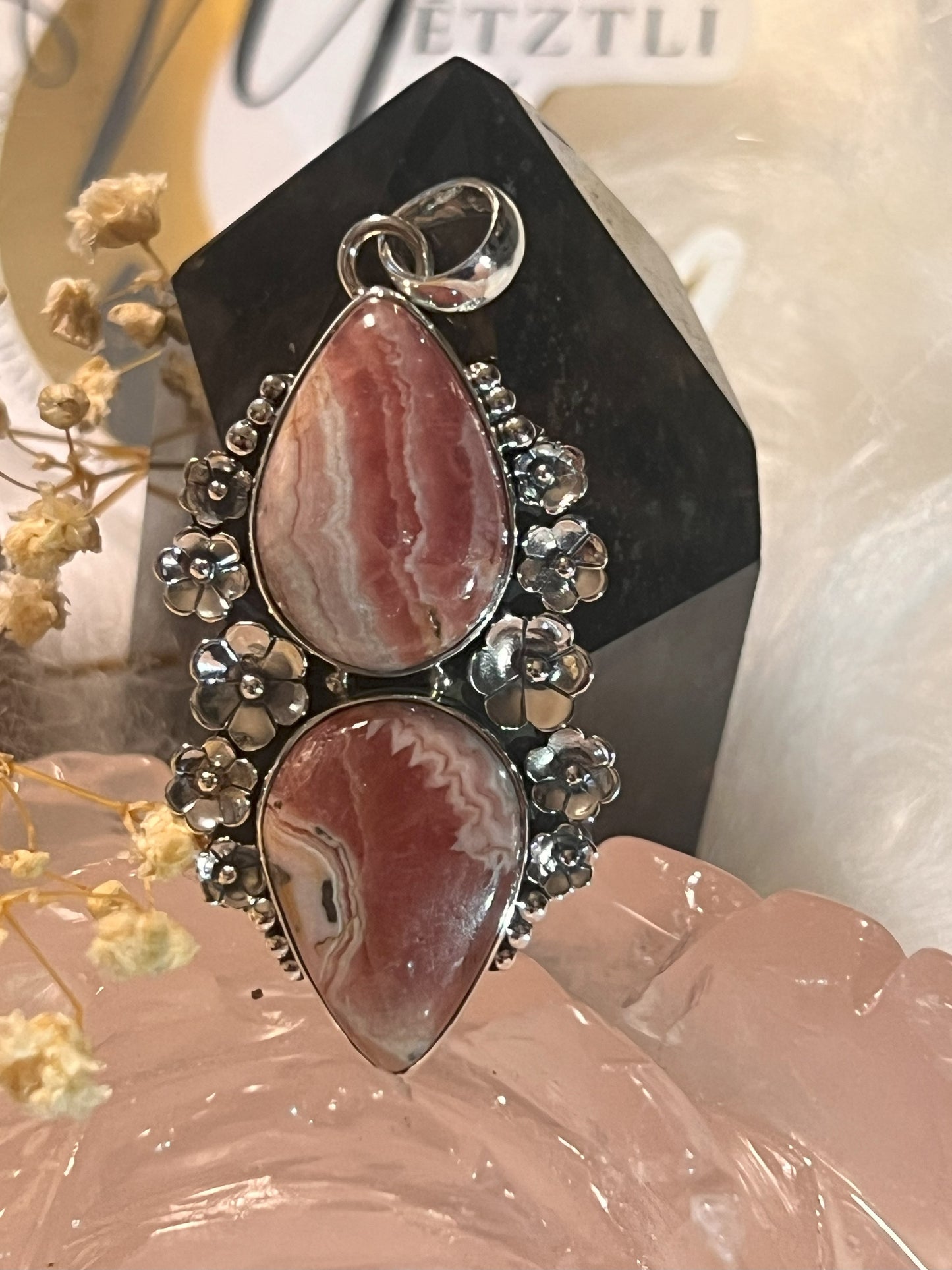 Heart's Bloom: Rhodochrosite Floral Pendant