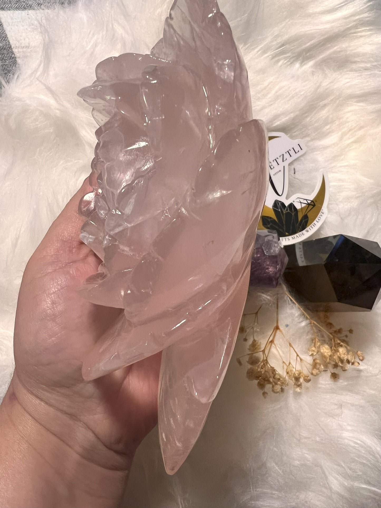 Large Rose Quartz Rose Carving: Blooming Love
