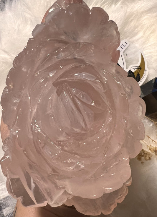 Large Rose Quartz Rose Carving: Blooming Love