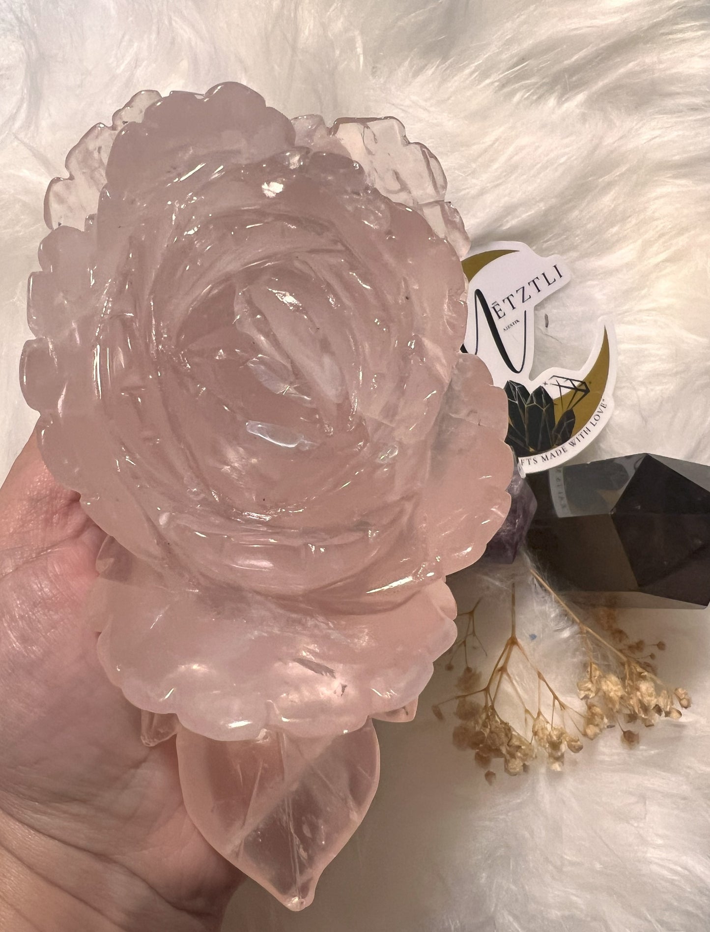 Large Rose Quartz Rose Carving: Blooming Love