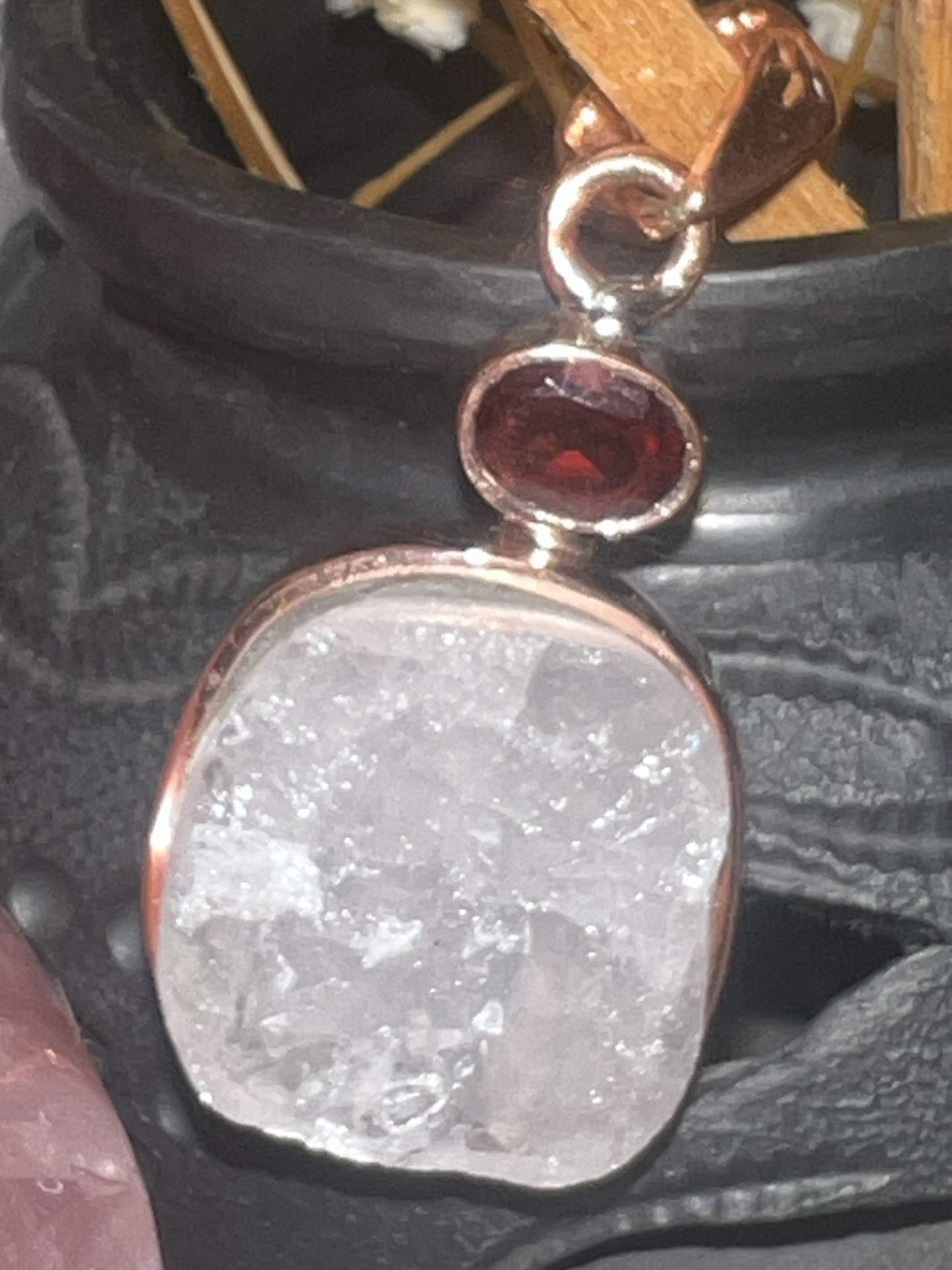 Eternal Radiance: Clear Quartz and Garnet Copper Pendant"