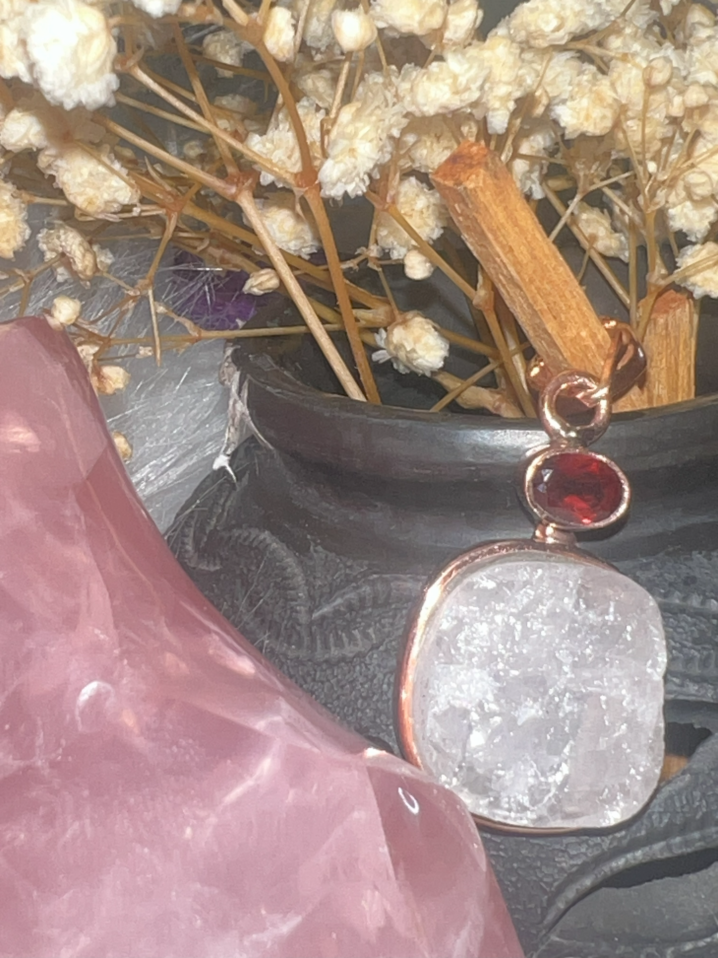 Eternal Radiance: Clear Quartz and Garnet Copper Pendant"