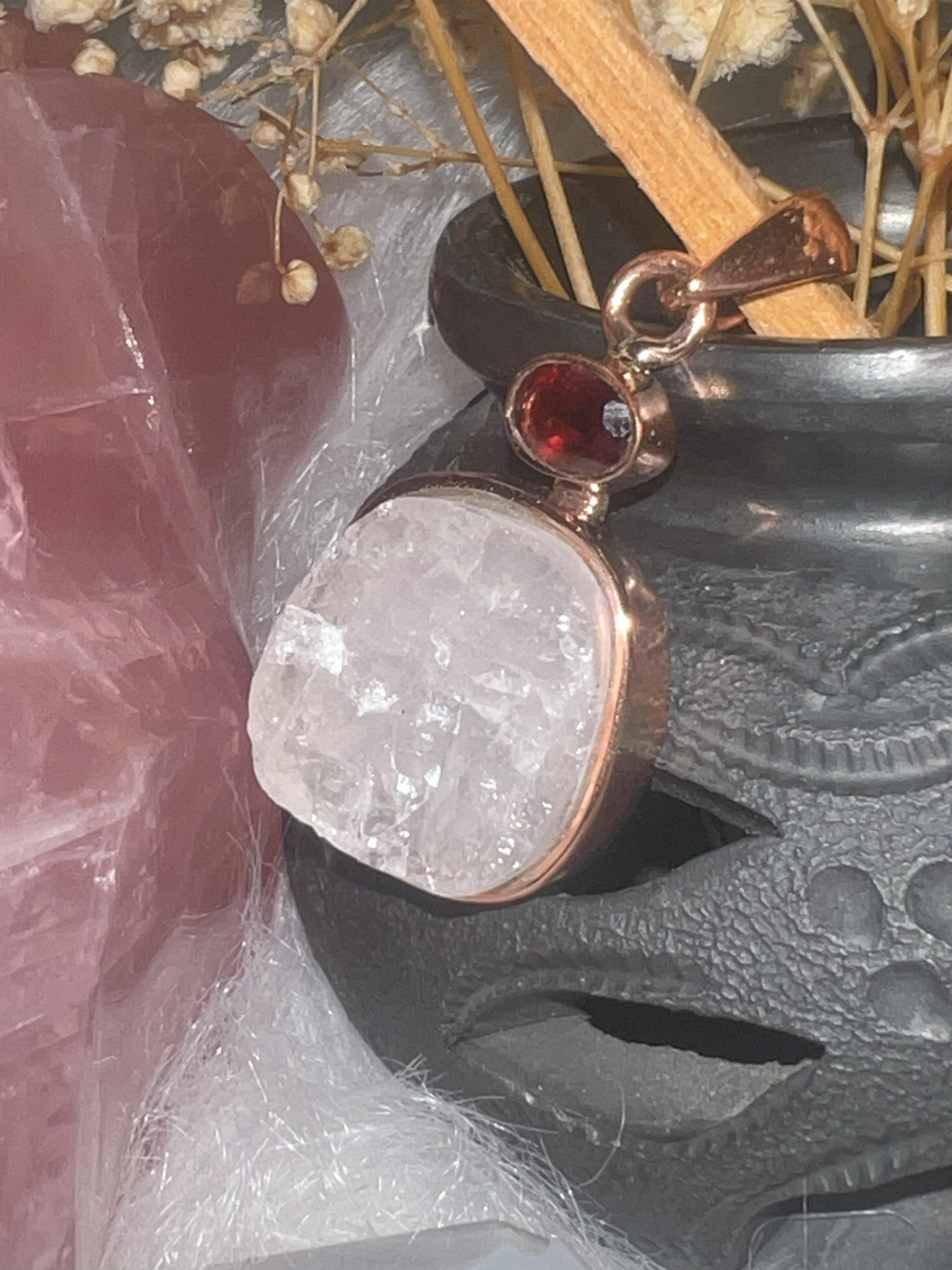 Eternal Radiance: Clear Quartz and Garnet Copper Pendant"