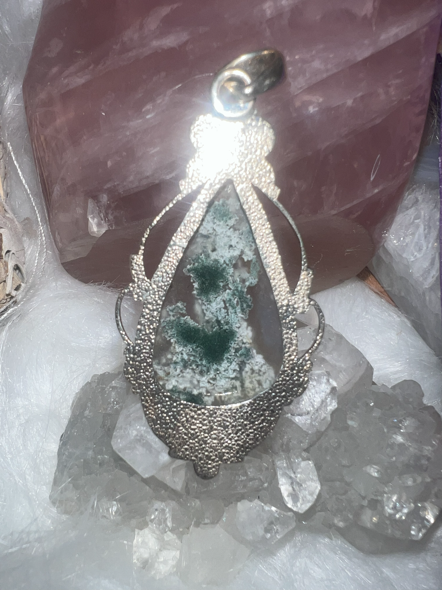Verdant Harmony: Moss Agate, Silver Pendant