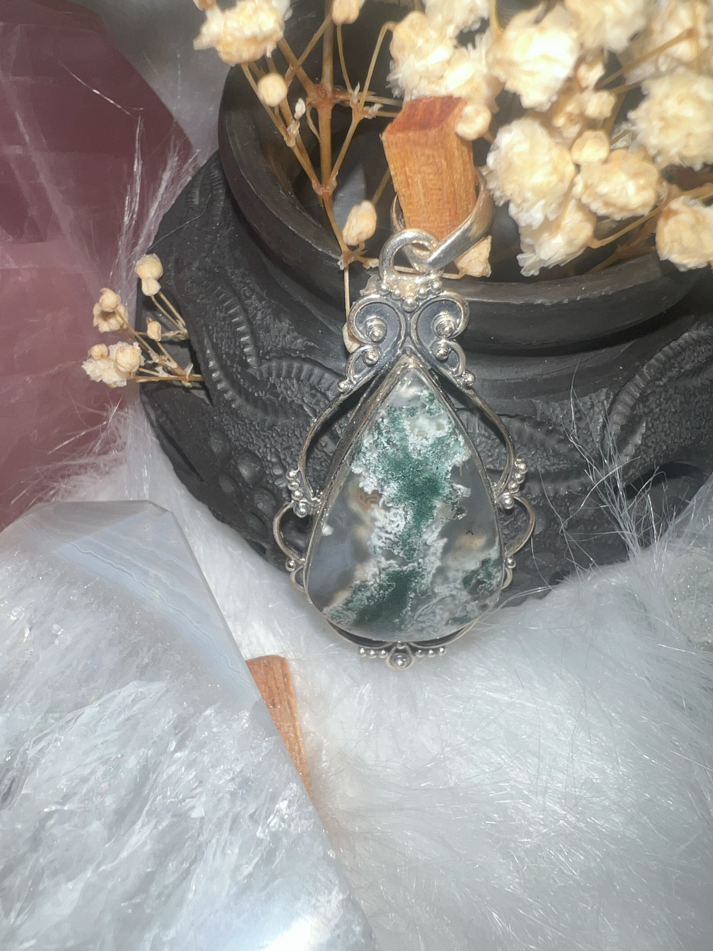 Verdant Harmony: Moss Agate, Silver Pendant