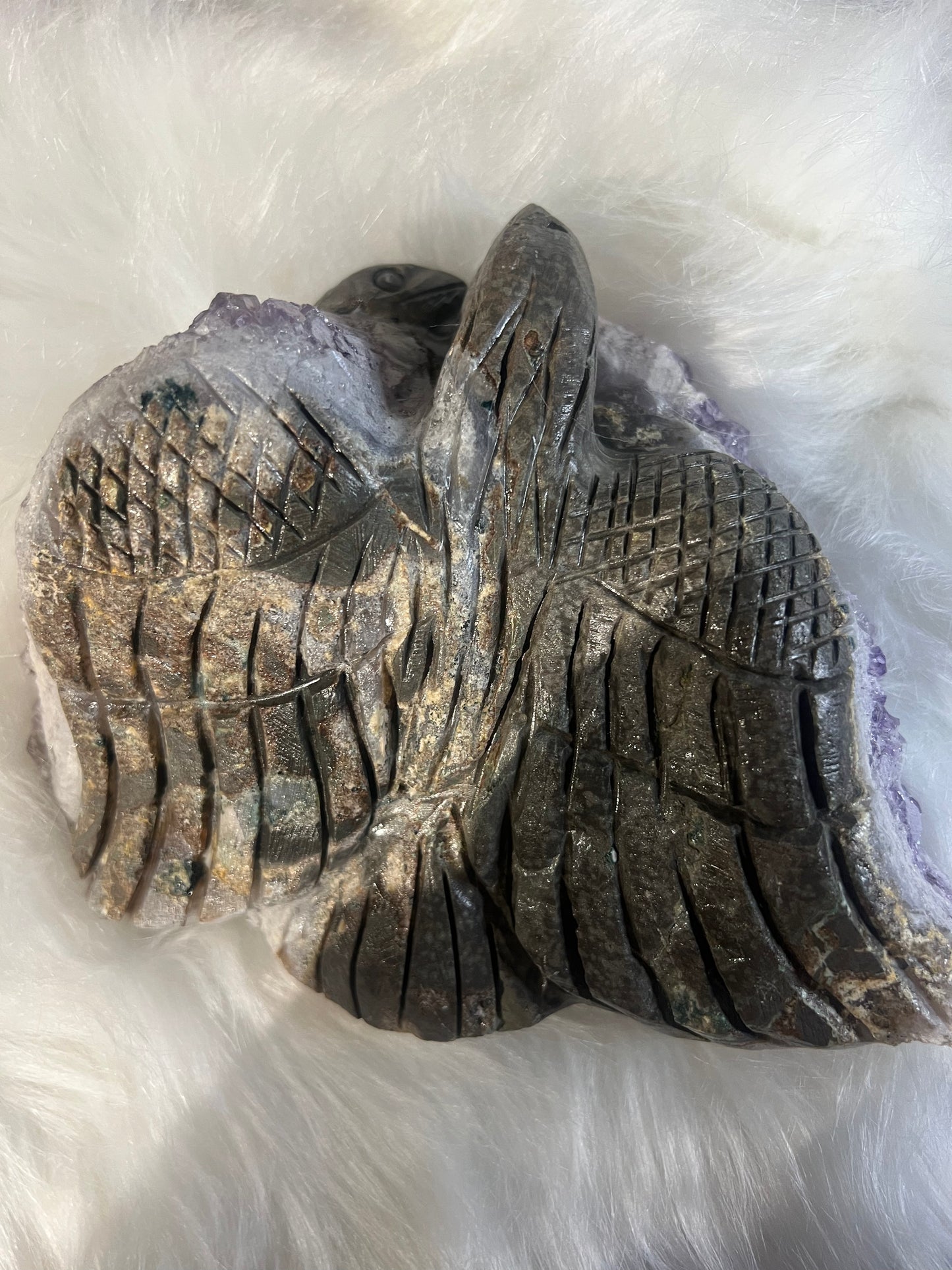 Guardian of Wisdom: Amethyst Eagle and Serpent Carving