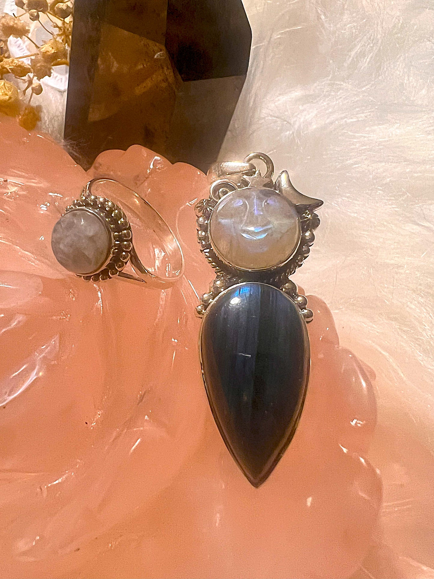 Lunar Glow Set: Moonstone & Labradorite Pendant and Ring
