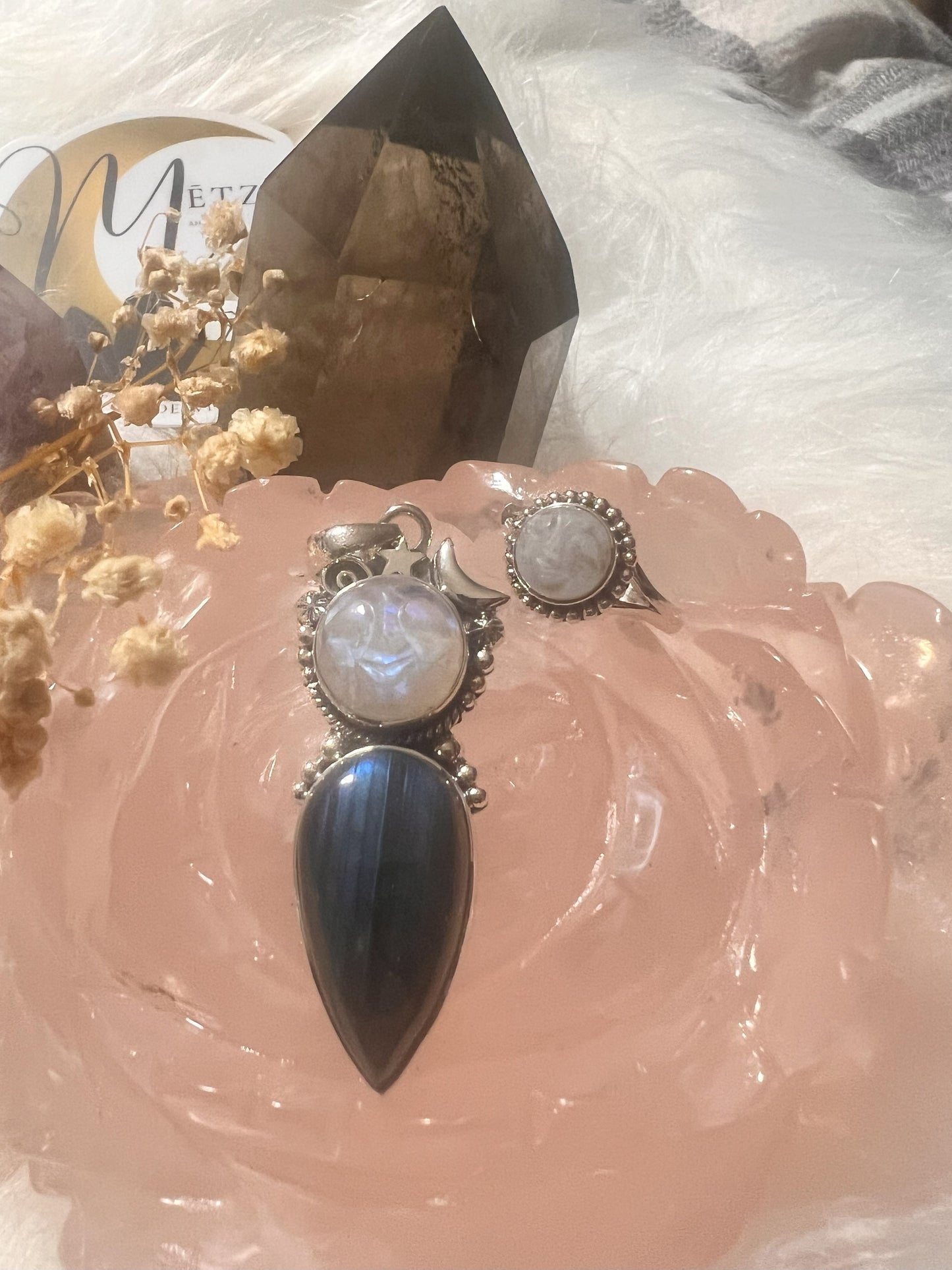 Lunar Glow Set: Moonstone & Labradorite Pendant and Ring