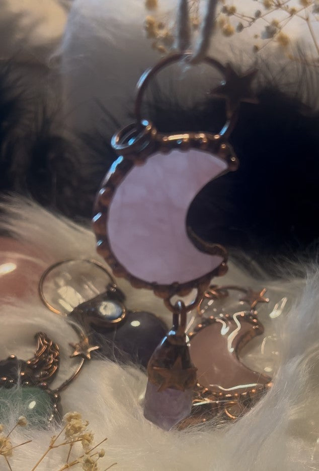 Rose Quartz & Amethyst Crescent Pendant