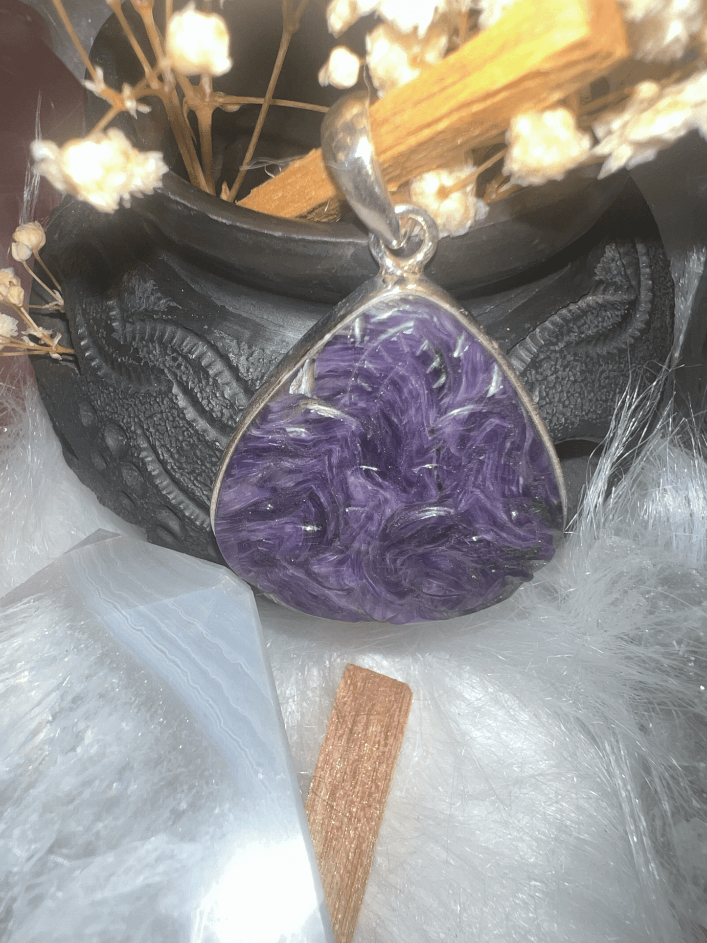 Dream Weaver: Carved Charoite and Silver Pendant"