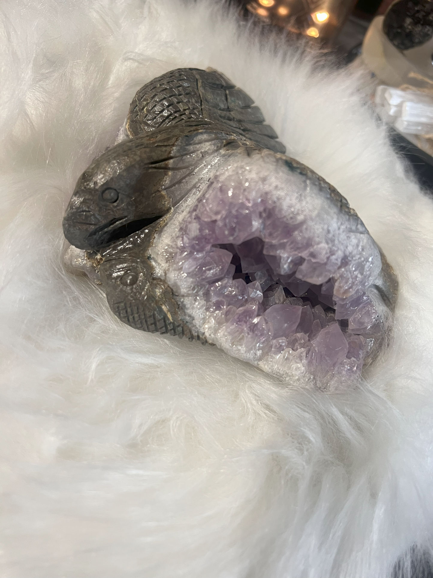 Guardian of Wisdom: Amethyst Eagle and Serpent Carving