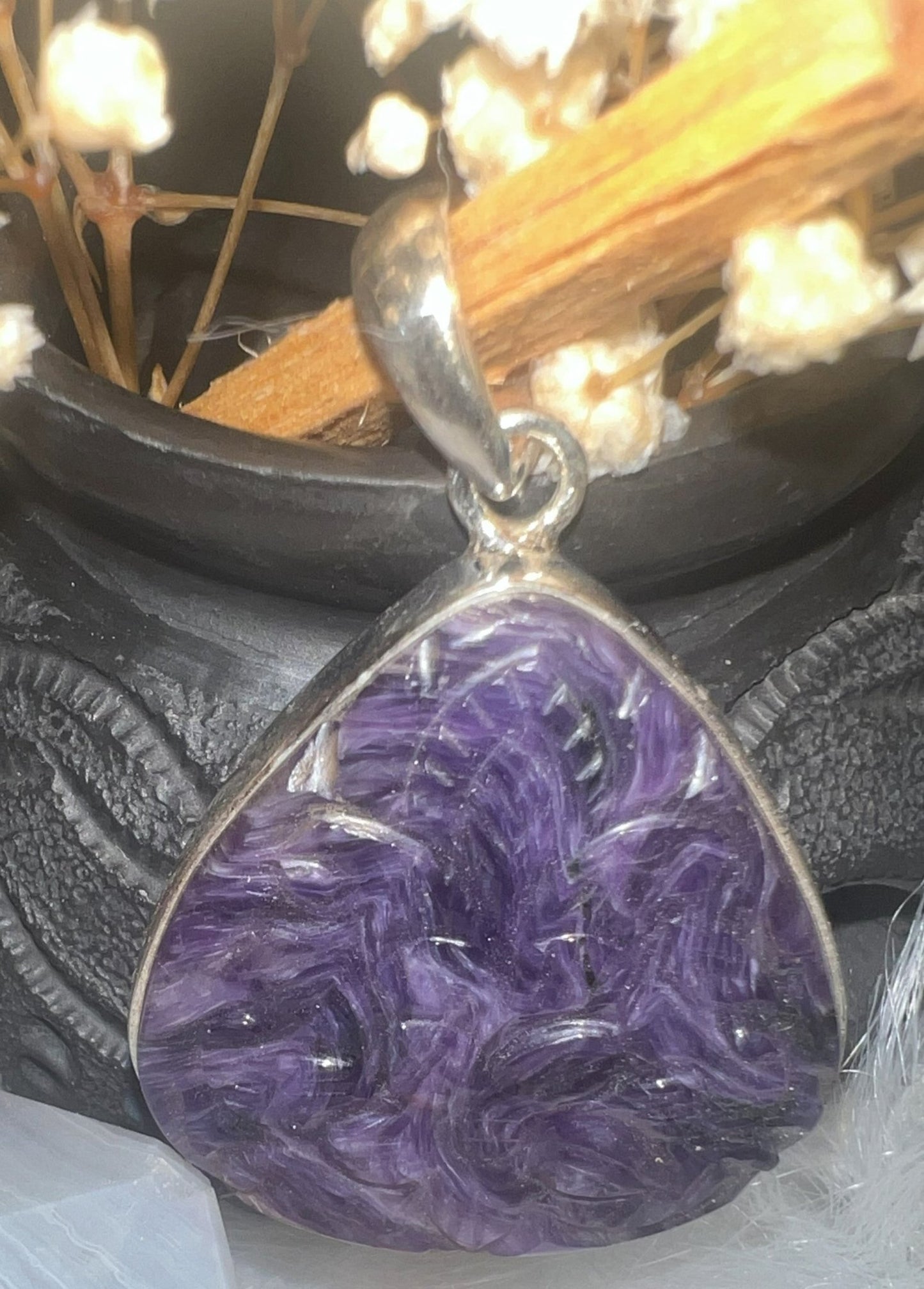 Dream Weaver: Carved Charoite and Silver Pendant"